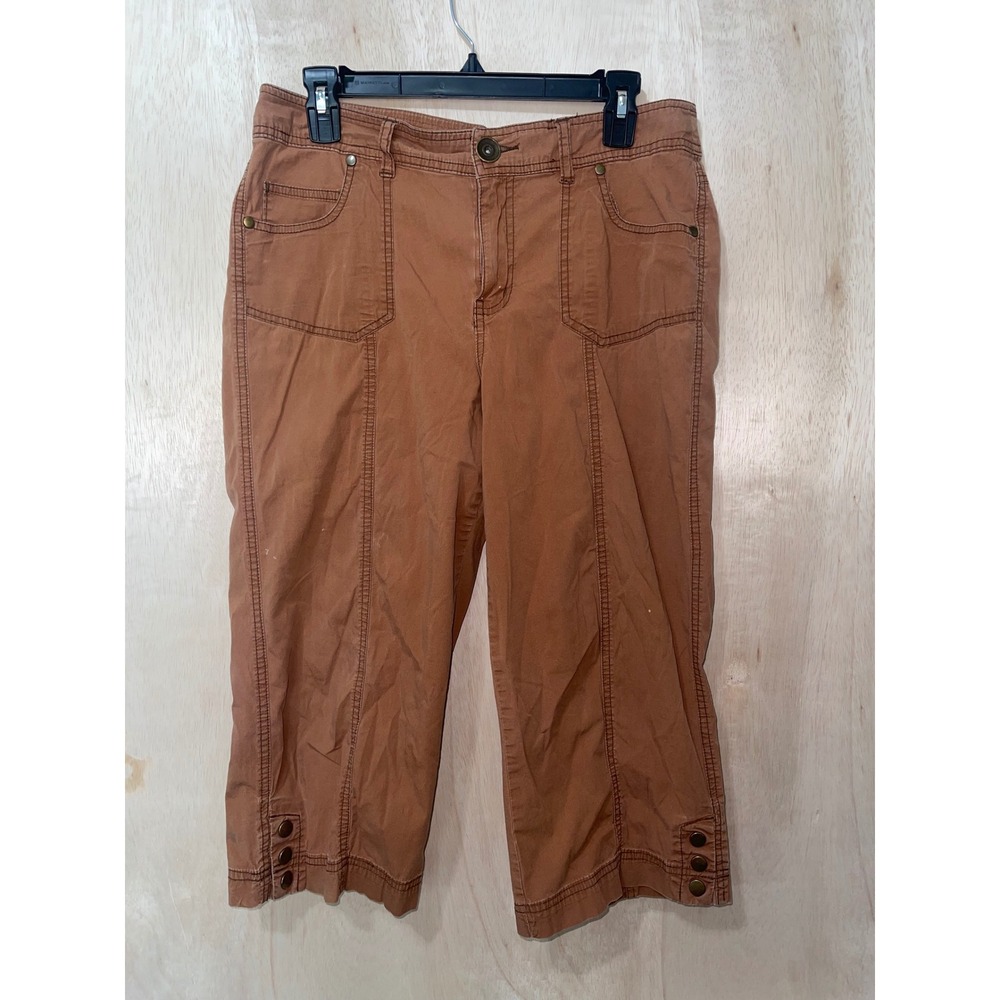 Kim Rogers Women Brown Mid Rise Capri Pants Utility Crop Lightweight Size 10